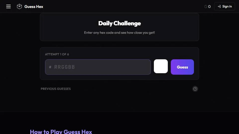 Guess Hex official game page captured in a desktop browser
