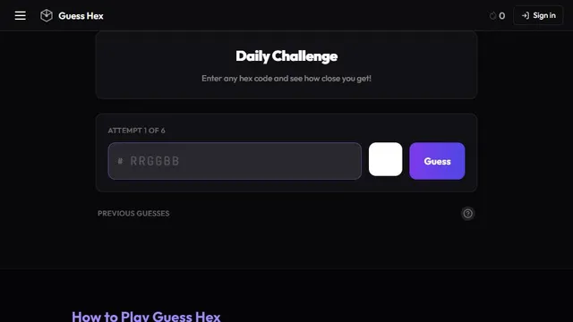 Guess Hex official game page captured in a desktop browser
