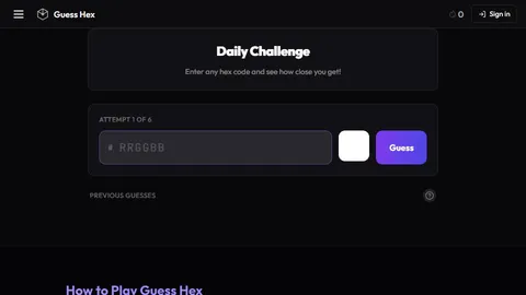 Guess Hex official game page captured in a desktop browser