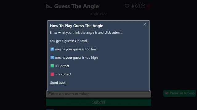 Guess The Angle official game page captured in a desktop browser