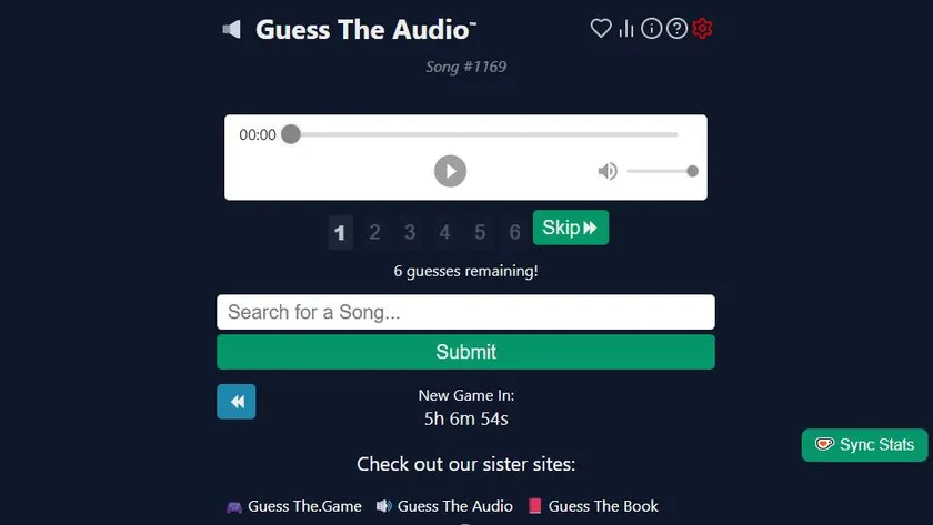 Guess The Audio official game page captured in a desktop browser