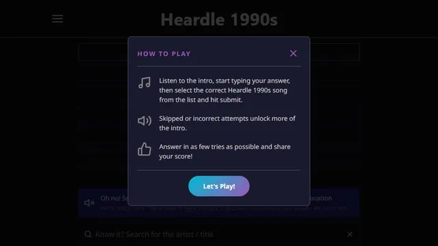 Heardle 1990's official game page captured in a desktop browser