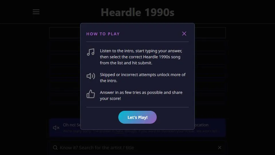 Heardle 1990's official game page captured in a desktop browser