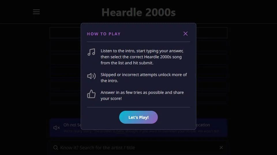 Heardle 2000's official game page captured in a desktop browser