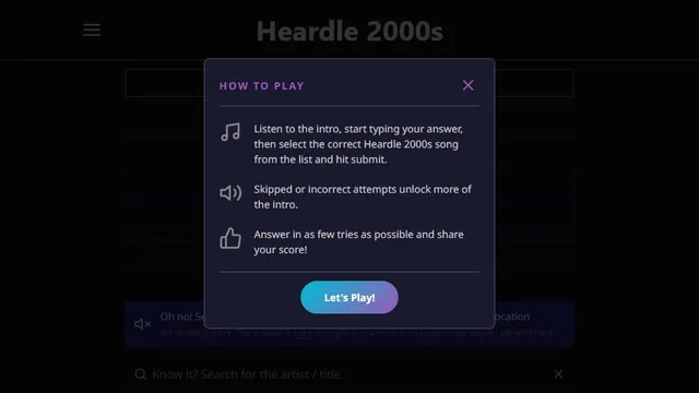 Heardle 2000's official game page captured in a desktop browser
