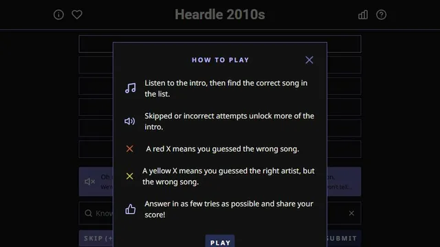 Heardle 2010's official game page captured in a desktop browser