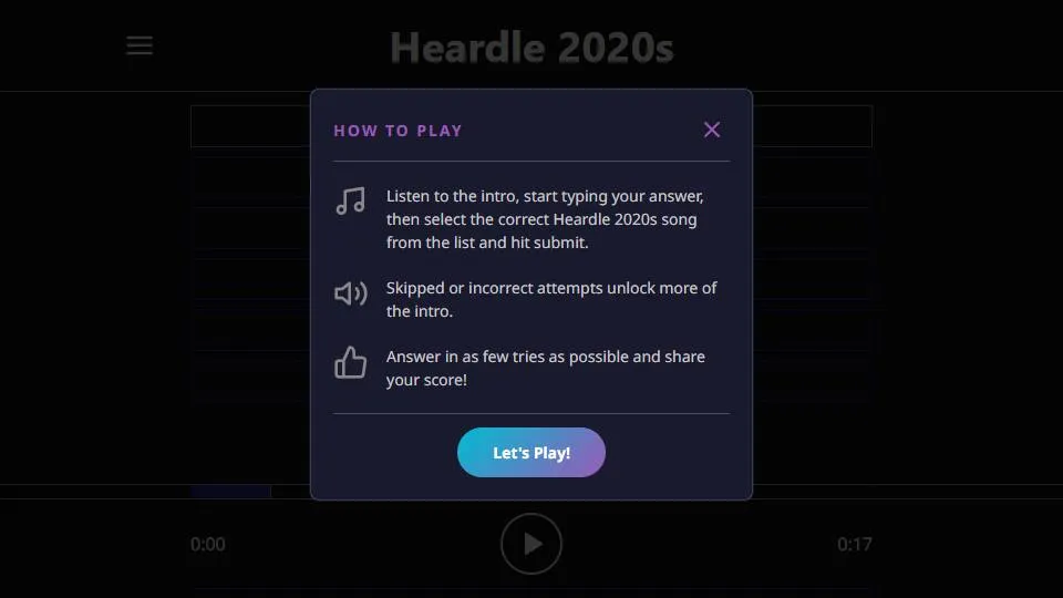 Heardle 2020's official game page captured in a desktop browser