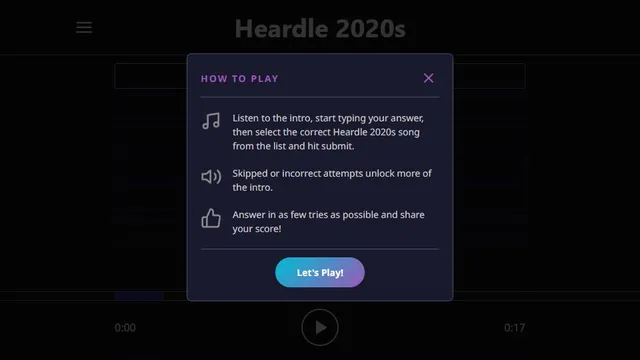 Heardle 2020's official game page captured in a desktop browser