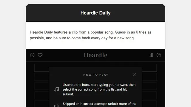 Heardle Daily official game page captured in a desktop browser