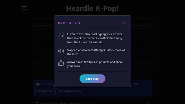 Heardle K-pop official game page captured in a desktop browser