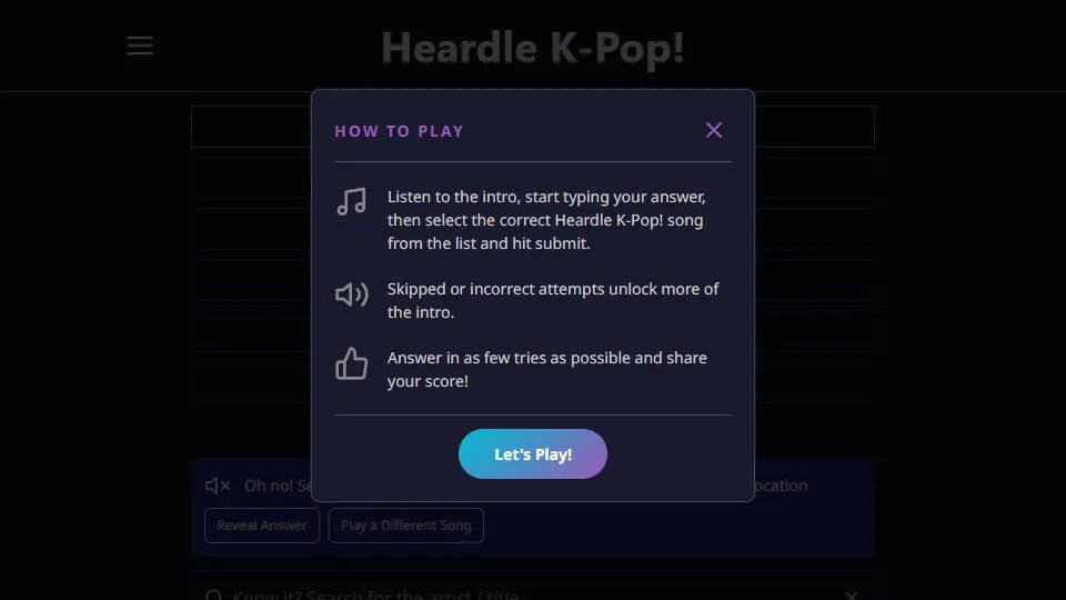 Heardle K-pop official game page captured in a desktop browser