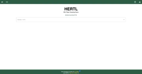 Hertl official game page showing the NHL player guessing field, silhouette hint, and eight-guess limit