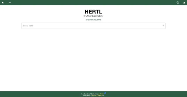 Hertl official game page showing the NHL player guessing field, silhouette hint, and eight-guess limit