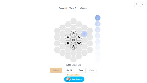 Hexaboo daily game with letter tiles on a honeycomb board and the shared deck beside it