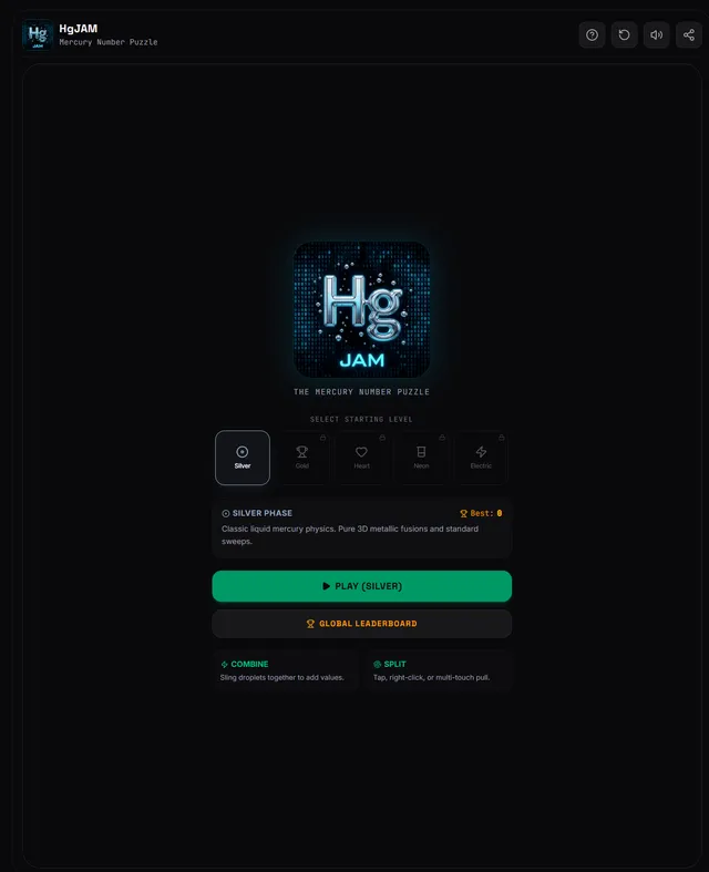 HgJAM start screen showing the Silver phase and mercury number puzzle controls