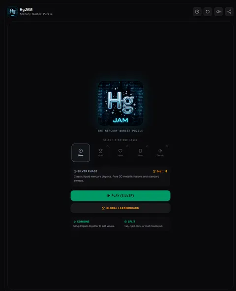 HgJAM start screen showing the Silver phase and mercury number puzzle controls