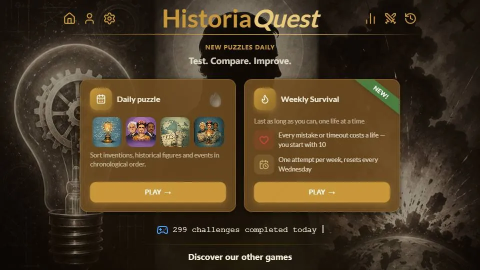 HistoriaQuest official game page captured in a desktop browser