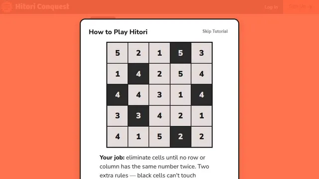 Hitori Conquest official game page captured in a desktop browser