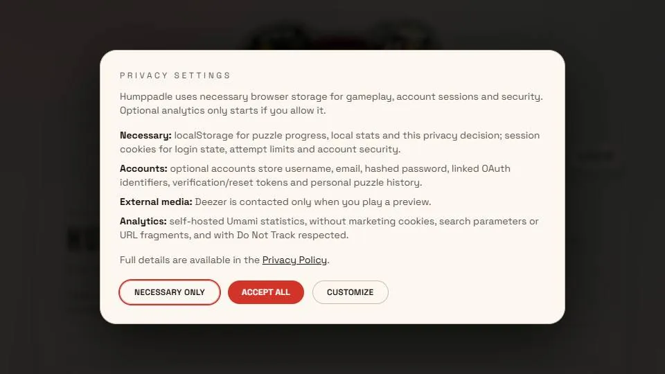 Humppadle official game page captured in a desktop browser