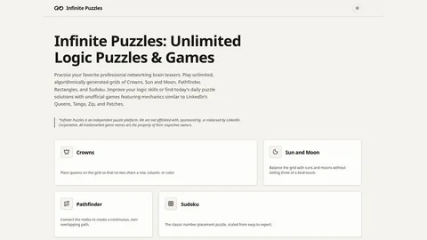 Infinite Puzzles official game page captured in a desktop browser