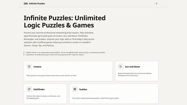 Infinite Puzzles official game page captured in a desktop browser