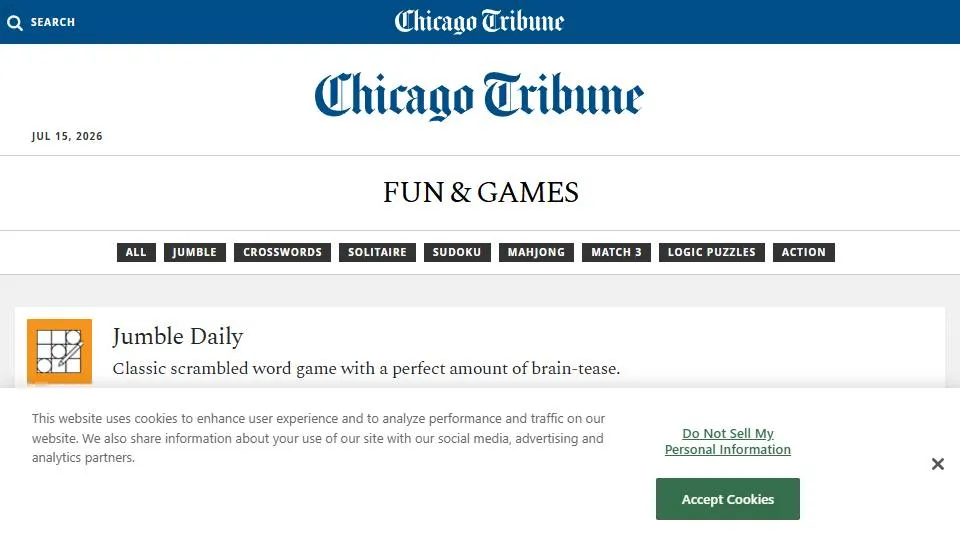 Jumble Daily official game page captured in a desktop browser