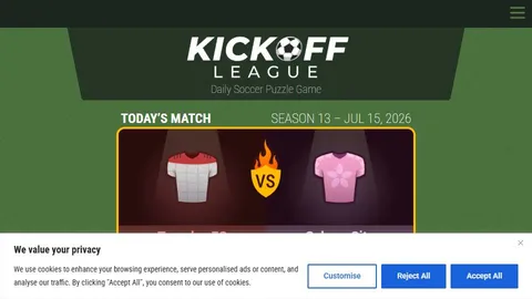 Kickoff League official game page captured in a desktop browser