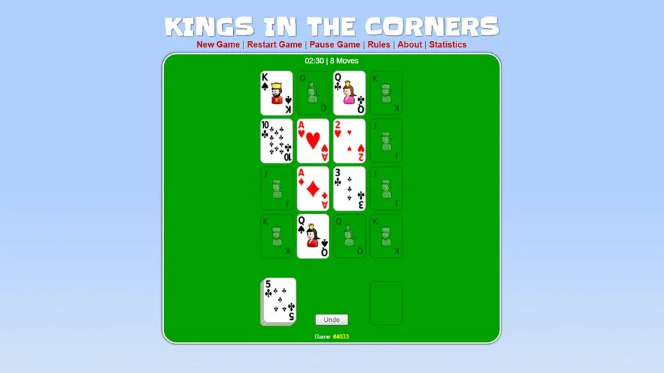Kings in the Corners official game page captured in a desktop browser