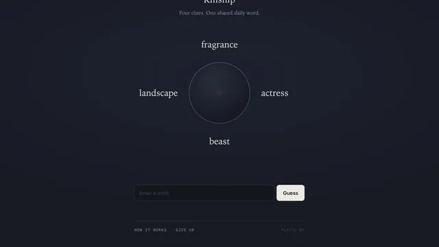 Kinship daily word puzzle with four clue words arranged around an answer field