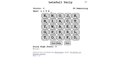 Letafall daily word board with falling letter tiles and score controls