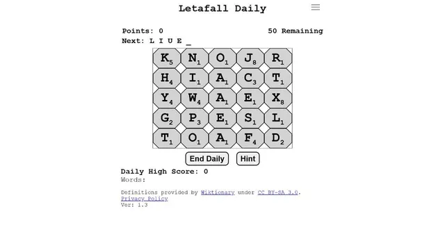 Letafall daily word board with falling letter tiles and score controls