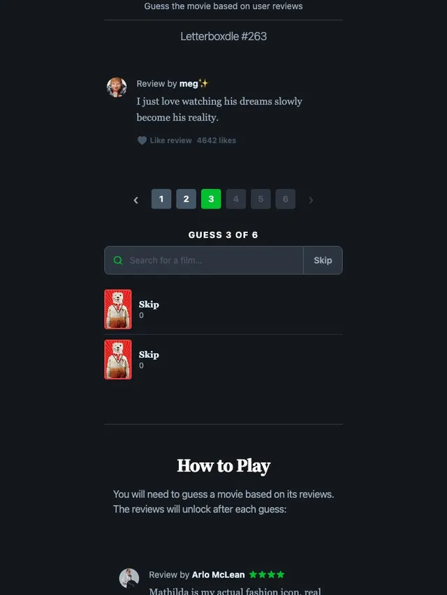 'Letterboxdle' game in progress