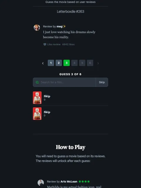 'Letterboxdle' game in progress