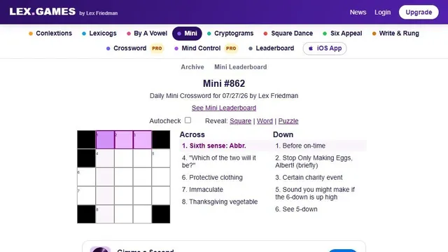 'Lex.Games - Mini Crossword' game in progress