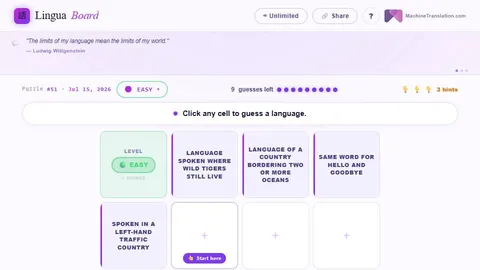 LinguaBoard official game page captured in a desktop browser