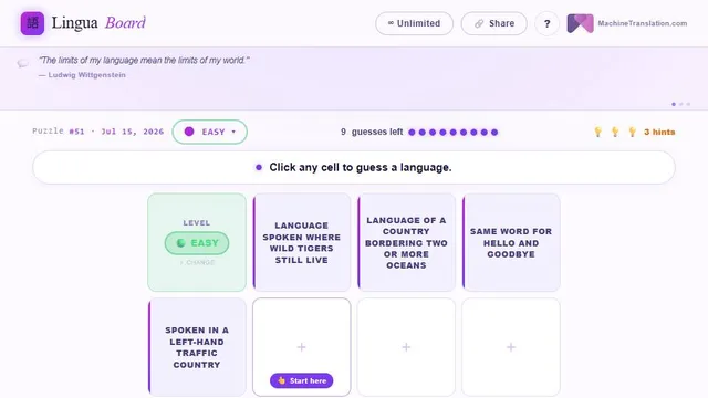 LinguaBoard official game page captured in a desktop browser