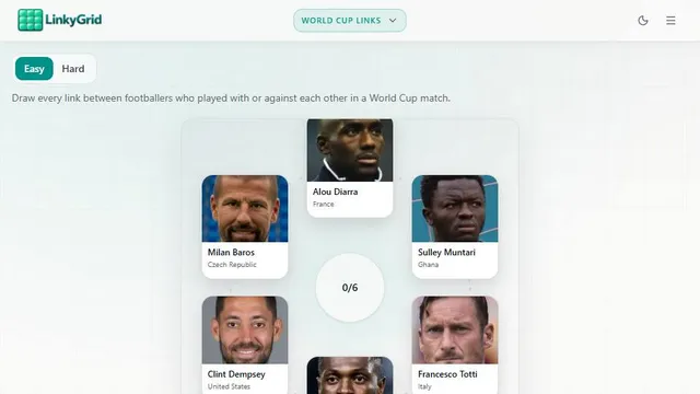 LinkyGrid - World Cup official game page captured in a desktop browser