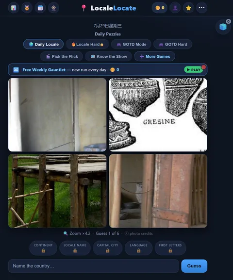 Locale Locate daily country guessing puzzle with four image clues and hint buttons
