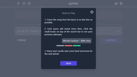 Lyricle official game page captured in a desktop browser