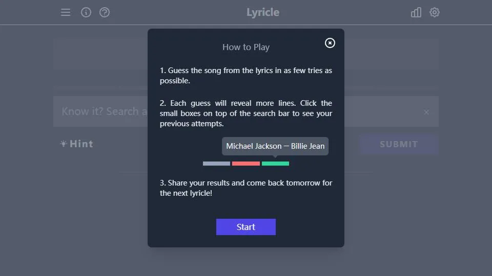 Lyricle official game page captured in a desktop browser