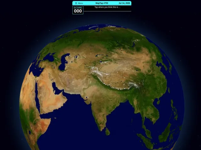 MapTap interface showing a large 3D globe centered on Asia and a score panel