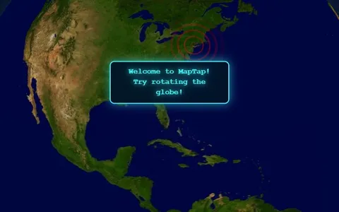 MapTap interface showing a large 3D globe centered on Asia and a score panel