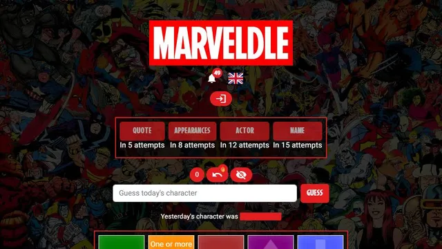 Marveldle official game page captured in a desktop browser