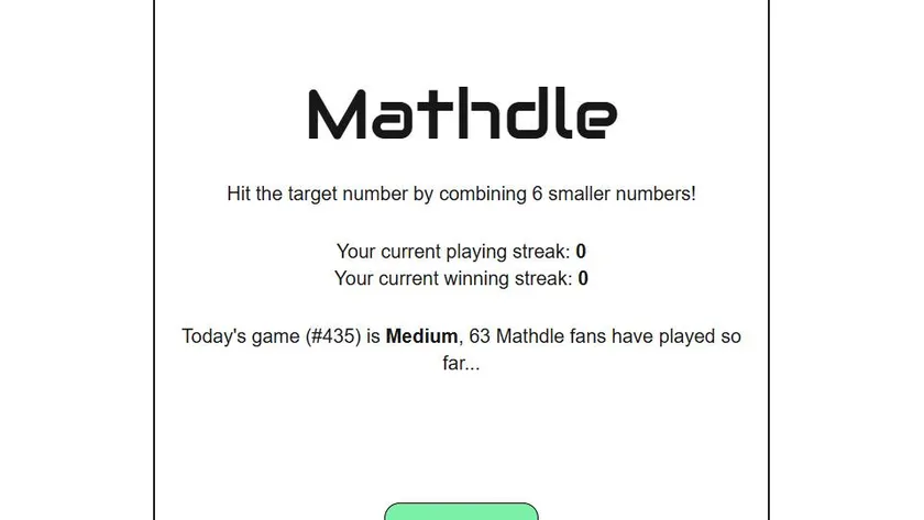 Mathdle official game page captured in a desktop browser