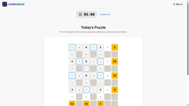 Mathodical daily arithmetic crossword grid with intersecting equations