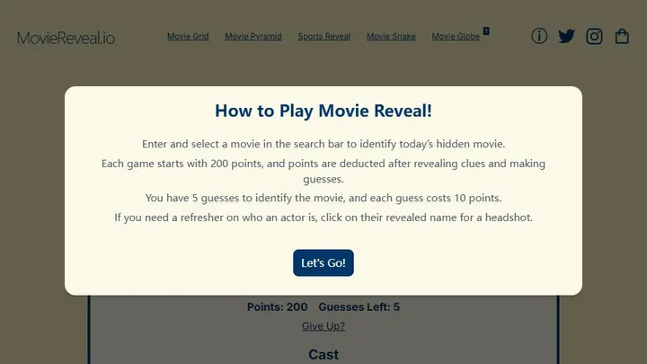 Movie Reveal official game page captured in a desktop browser