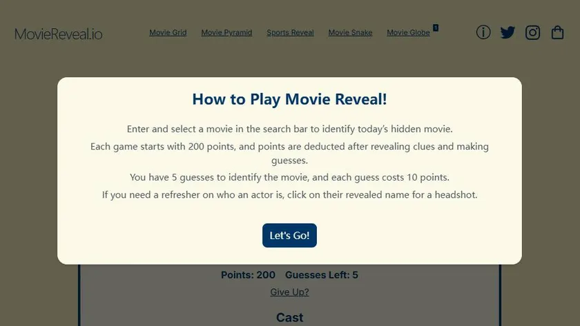 Movie Reveal official game page captured in a desktop browser