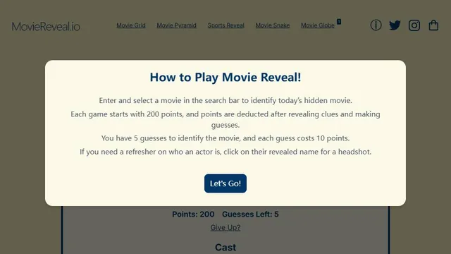 Movie Reveal official game page captured in a desktop browser