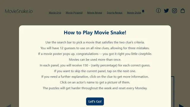 Movie Snake official game page captured in a desktop browser