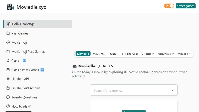 Moviedle official game page captured in a desktop browser